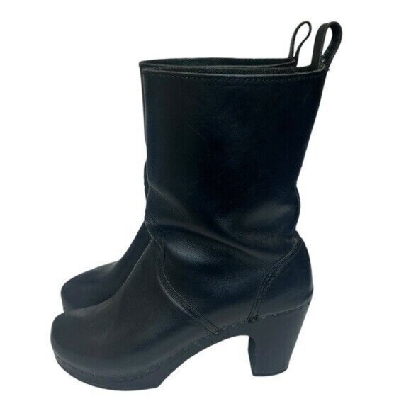 Swedish Hasbeens Shoes - Swedish Hasbeens Toffel Women's 39 US 9 Clog Boots Leather Black Mid Calf Heel